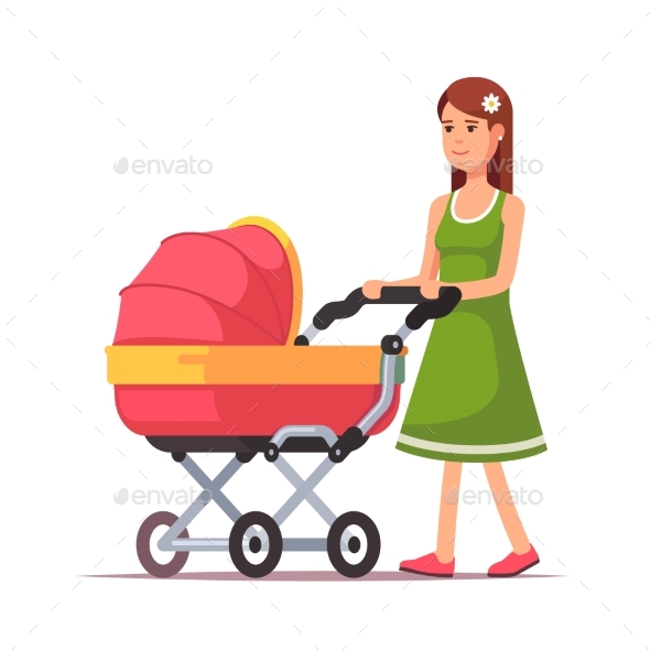 Woman Walking with Her Child in a Pink Pram - People Characters