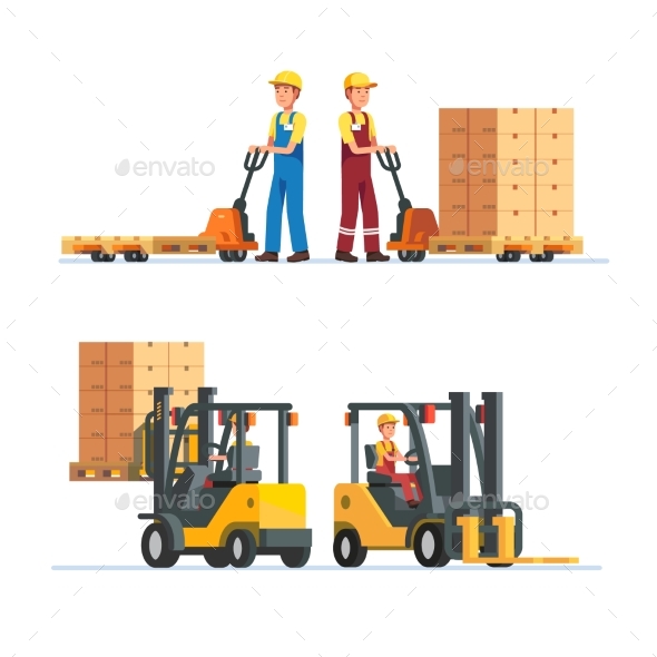 Warehouse Workers Working with Forklifts - People Characters