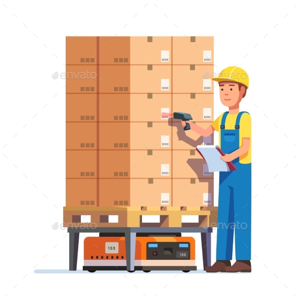 Warehouse Worker Checking Goods Pallet - People Characters