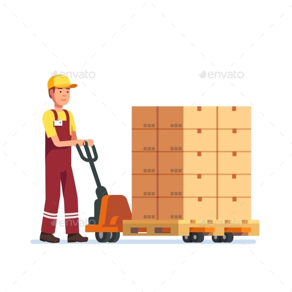 Warehouse Worker Man Towing Hand Fork Lifter - People Characters