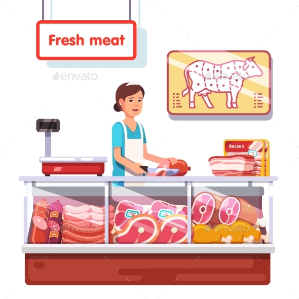 Fresh Meat Stand in a Supermarket - Food Objects