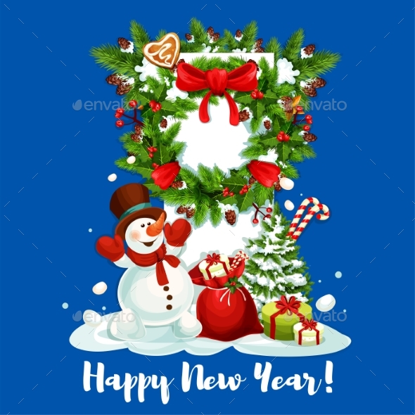 New Year Card with Snowman, Gift and Wreath - New Year Seasons/Holidays