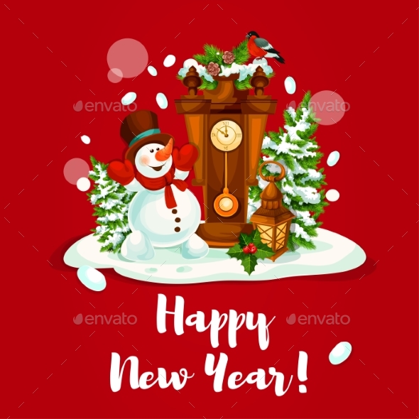 New Year Design with Snowman, Lantern and Clock - New Year Seasons/Holidays