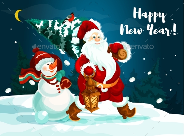 Santa and Snowman with Pine Tree and Gifts - New Year Seasons/Holidays