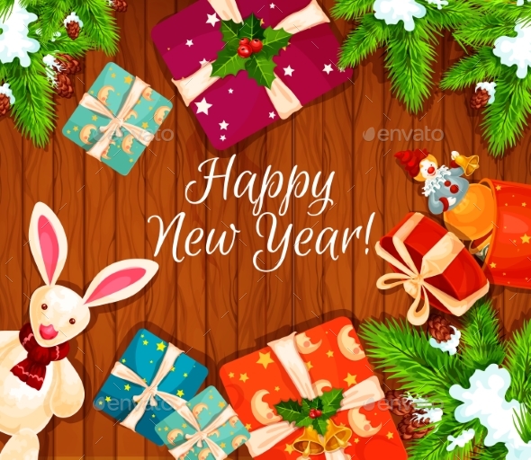Holiday Gifts on Wooden Background Poster - New Year Seasons/Holidays