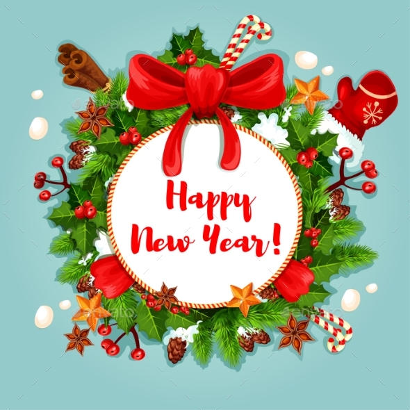 New Year Poster with Wreath and Decorations - New Year Seasons/Holidays