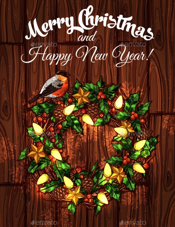 Christmas Wreath with Holly on Wooden Background - Christmas Seasons/Holidays