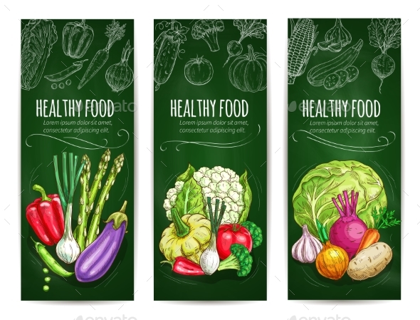 Vegetables Sketch on Banners Healthy Food - Food Objects