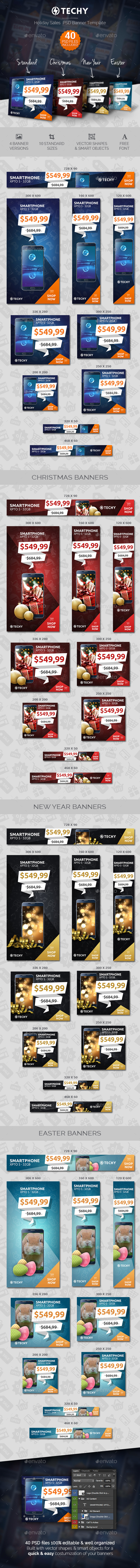 Techy - Holiday Sales PSD Banner Template - Banners & Ads Web Elements