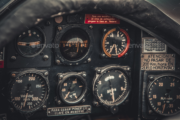 Vintage aircraft cockpit detail. Retro aviation, aircraft instru Stock Photo by EwaStudio