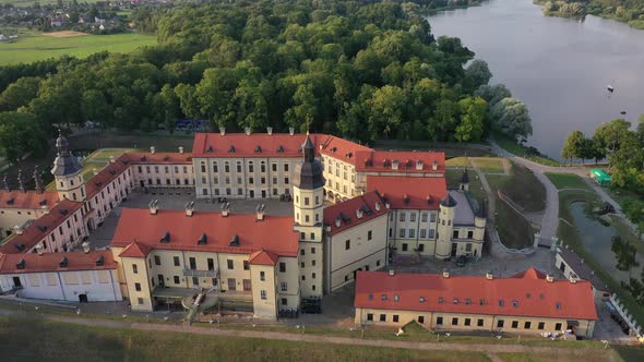 Flying Over the Nesvizh Castle, the Park Around the Castle and the Lake, Aerial Video of Nesvizh alt