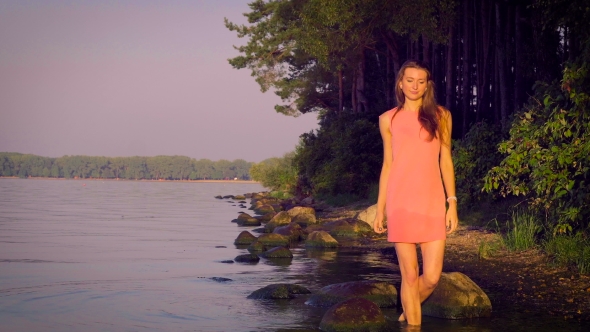 Beautiful Woman on the Background of Nature, Stones and Wood