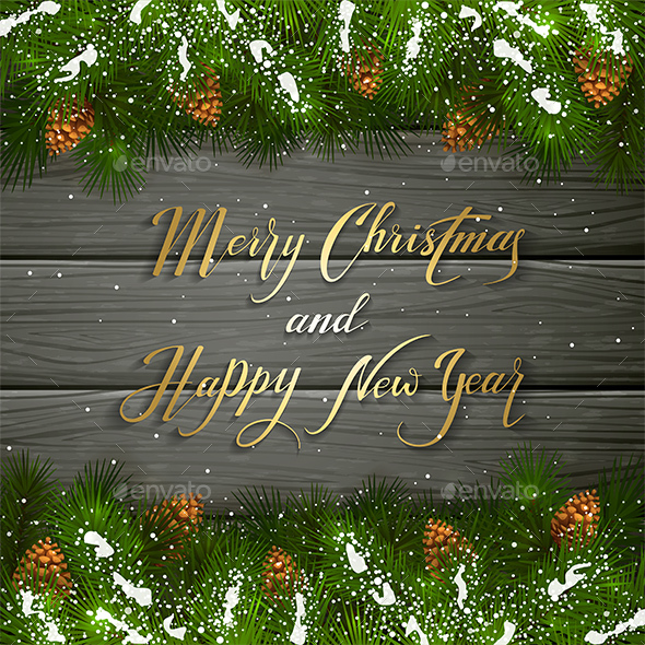 Christmas Lettering on Black Wooden Background with Fir Tree Branches - Christmas Seasons/Holidays