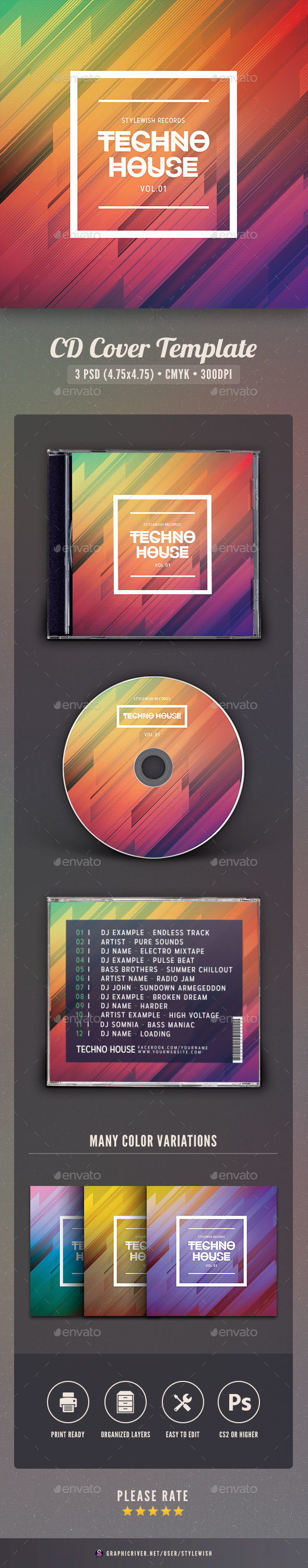 Techno House CD Cover Artwork - CD & DVD Artwork Print Templates