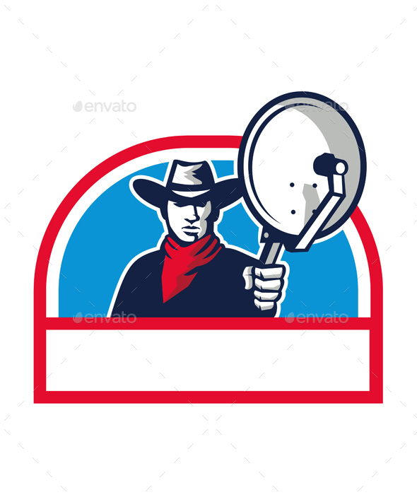 Cowboy Aiming Satellite Dish Half Circle Retro - People Characters