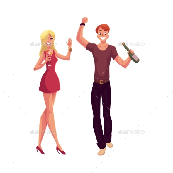 Man and Woman Dancing at Party Drinking Alcohol - People Characters