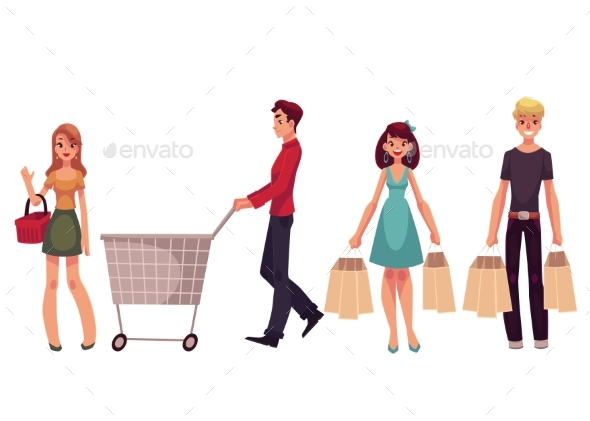 Young Men and Women with Shopping Bags - People Characters