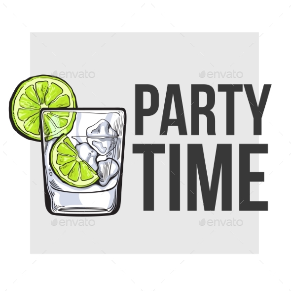 Glass of Gin, Vodka, Soda Water with Ice and Lime - Decorative Symbols Decorative