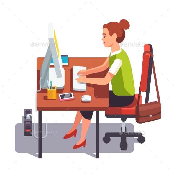 Clerk Woman Working on a Desktop Computer - Industries Business