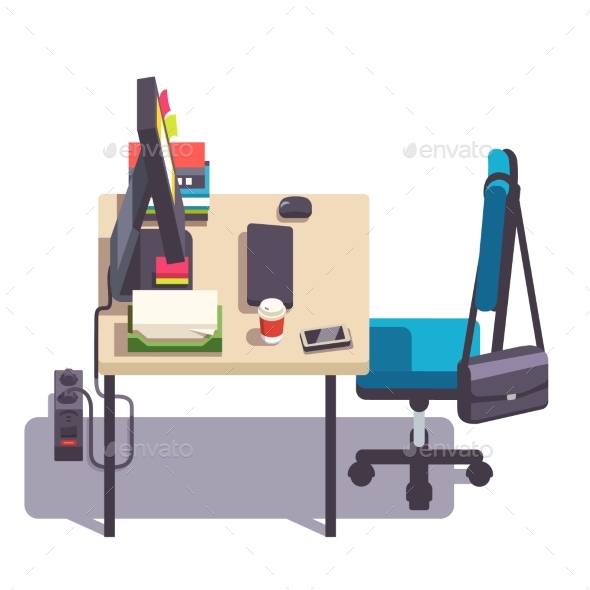 Home or Office Desk with Casters Chair and Computer - Man-made Objects Objects