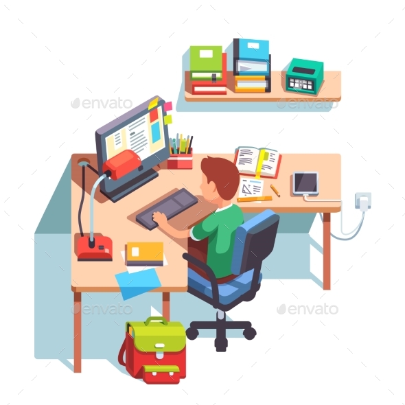 School Kid Boy Studying in Front of the Computer - People Characters