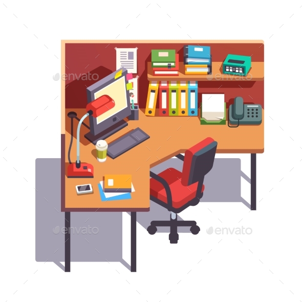 Office Cubicle Working Desk with Desktop Computer - Computers Technology
