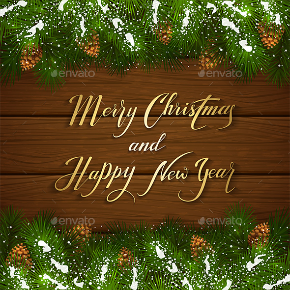Christmas Lettering on Wooden Background with Fir Tree Branches - Christmas Seasons/Holidays