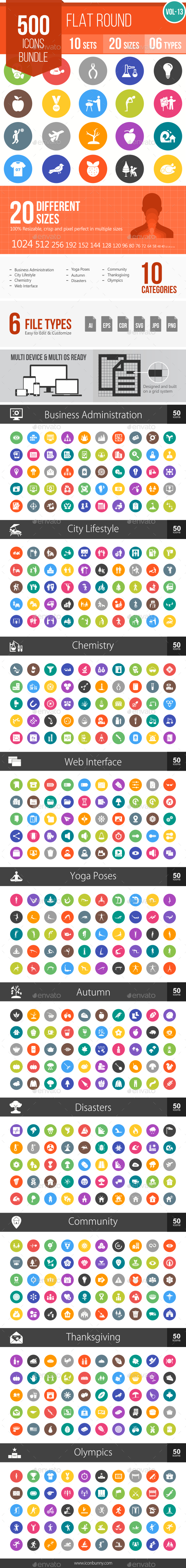 500 Vector Flat Round Icons Bundle (Vol-13) - Icons