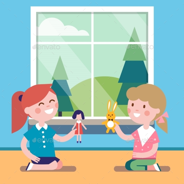 Two Friends Playing with Toy Dolls Together - People Characters