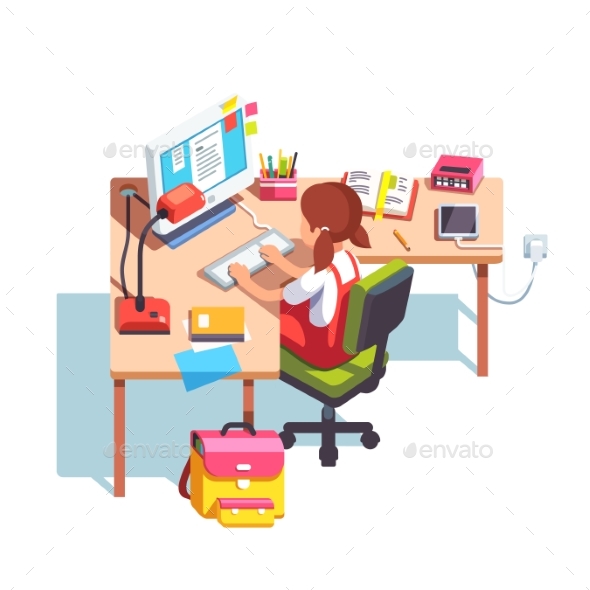 School Girl Studying and Doing Homework at Table - Computers Technology