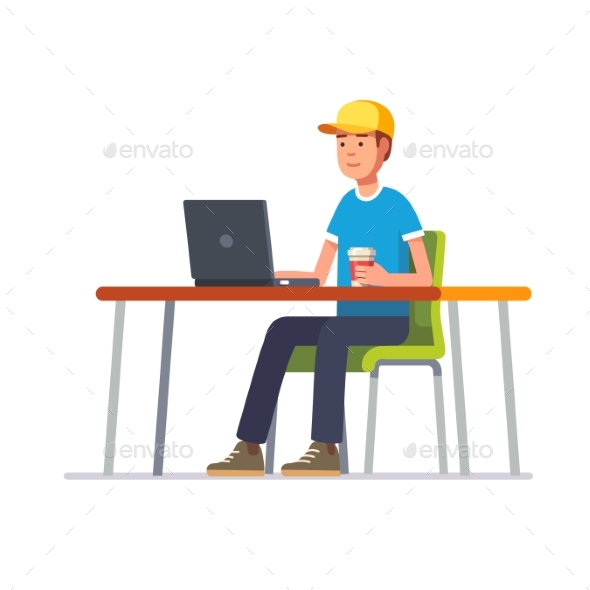 Young Man in Cap Working at His Clean Office Desk - Computers Technology