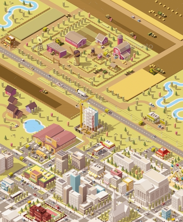 Vector Isometric Low Poly Farm and City - Buildings Objects