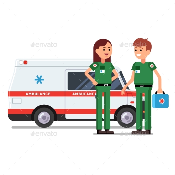 Two Paramedics Workers in Front of Ambulance Car - Health/Medicine Conceptual