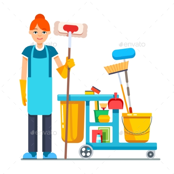 Professional Cleaner Woman with Janitor Cart - People Characters