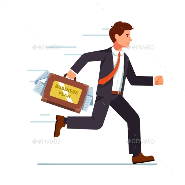 Businessman Running with Business Plan in Suitcase - Concepts Business