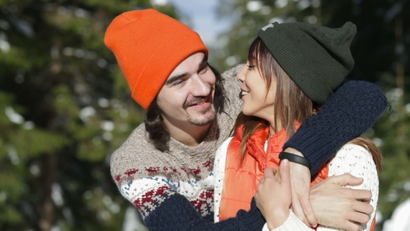 Romantic Couple Snow Forest Young Man And Woman Outdoor Winter Pine Woods
