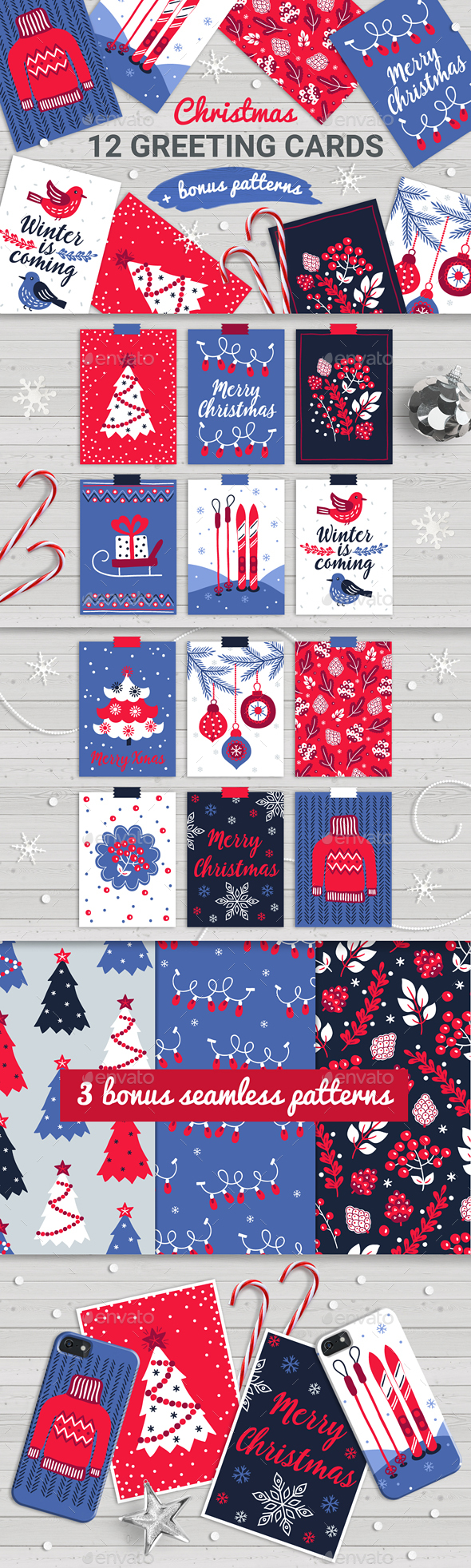 12 Christmas Cards and Seamless Patterns - Christmas Seasons/Holidays
