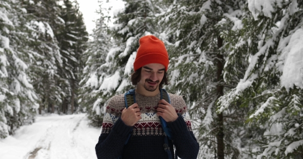 Man Hiker Walking Snow Winter Forest Traveler Guy Trekking alt