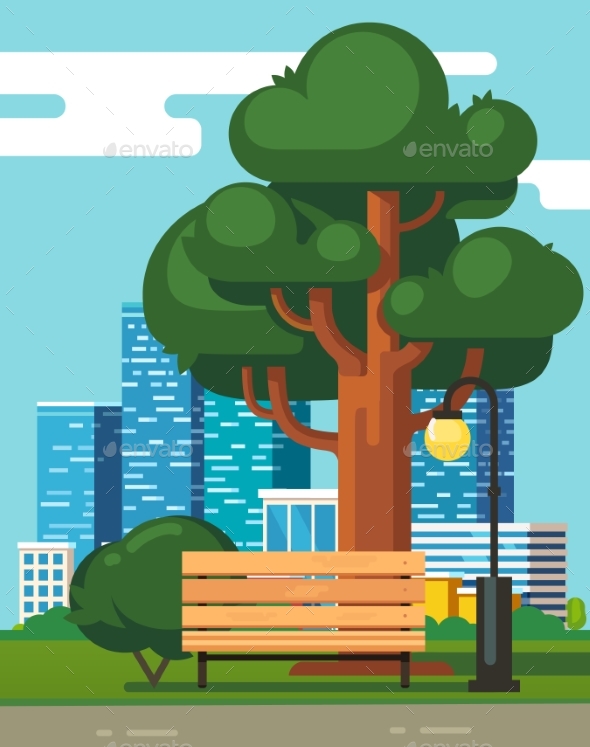 City Park Bench, Big Green Oak with Skyscrapers - Buildings Objects