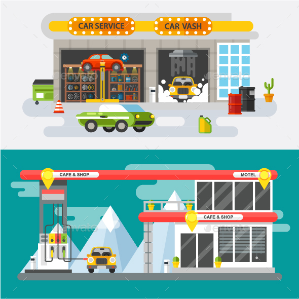 Flat Concept Car Service and Gas Station - Miscellaneous Vectors