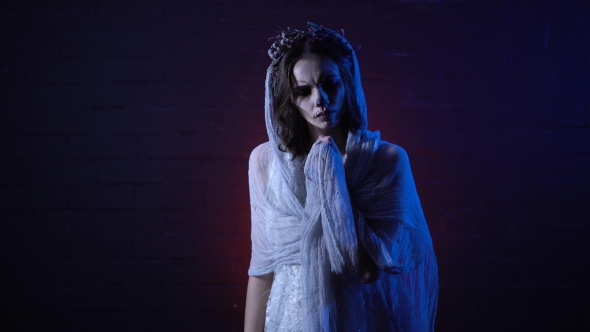 Ghost of Lonely Dead Bride in White Wedding Dress and Veil Standing ...