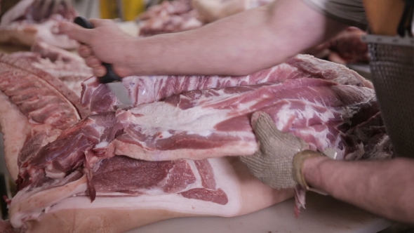 Food Industry, Meat Processing. Butchers Cutting Pork Meat at a Meat Factory. alt