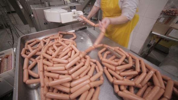 Production of Sausages. Worker Operates Meat Processing Equipment at a Meat Processing Factory. alt