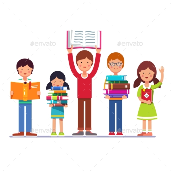 School and Preschool Kids Holding Books in Hands - People Characters