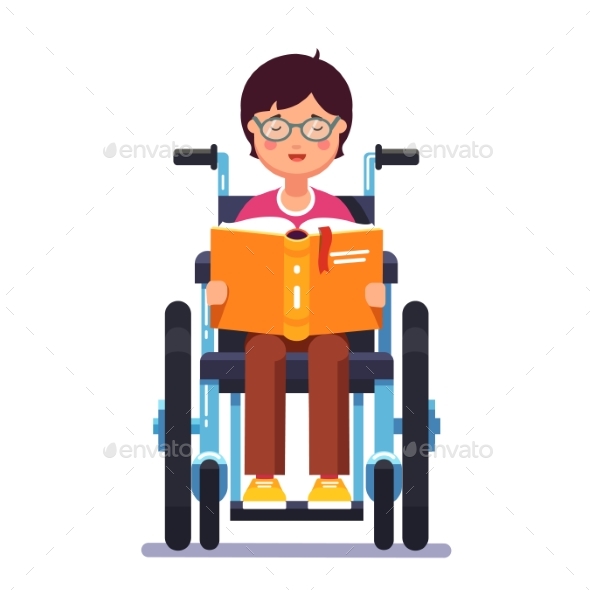 Disabled Boy Sitting in a Wheelchair and Reading - People Characters