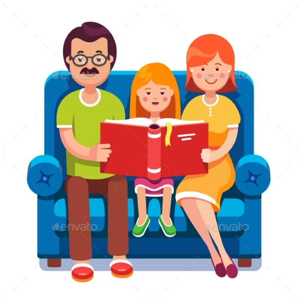 Mom, Dad and Daughter Reading Story Book Together - People Characters