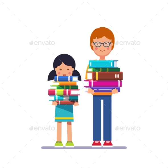 School and Preschool Kids Holding Piles of Books - People Characters