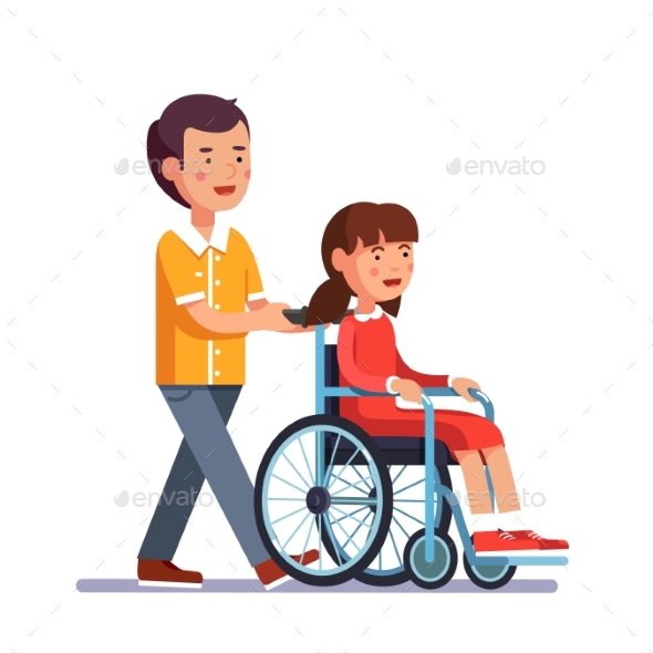 Kid Pushes Wheelchair with Person - People Characters