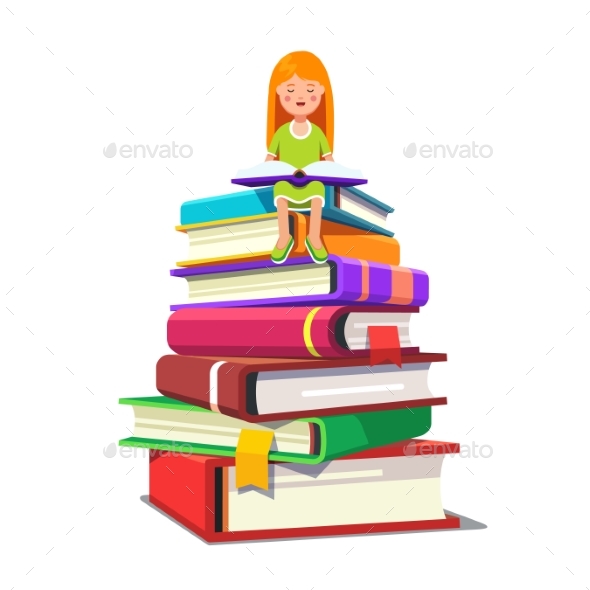 Girl Sitting on a Pile of Big Books and Reading - People Characters