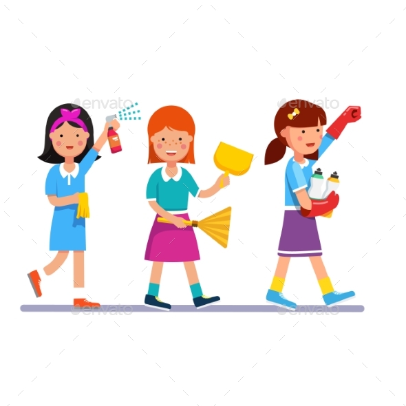 Kids Cleaning Team Doing Household Chores - People Characters